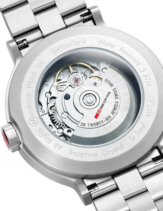 Angle shot of Mondaine MST.4161B.SJ White Dial Silver Stainless Steel Unisex Watch on white background