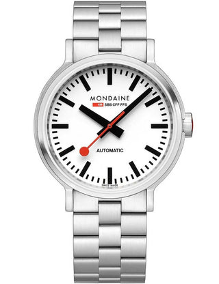 Angle shot of Mondaine MST.4161B.SJ White Dial Silver Stainless Steel Unisex Watch on white background
