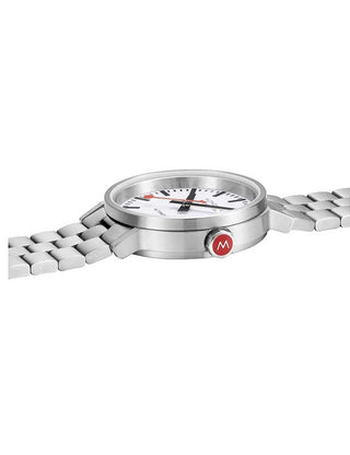 Angle shot of Mondaine MST.4161B.SJ White Dial Silver Stainless Steel Unisex Watch on white background