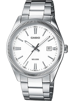 Front view of Casio Date White Index MTP-1302PD-7A1VEF White Dial Silver Stainless Steel Unisex Watch on white background