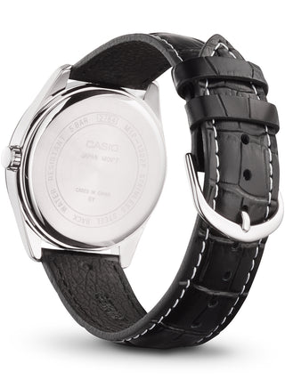 Angle shot of Casio Date Leather White Numbers MTP-1302PL-7BVEF White Dial Black Leather Unisex Watch on white background