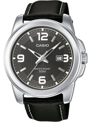 Front view of Casio Collection MTP-1314PL-8AVEF Black Leather Unisex Watch on white background