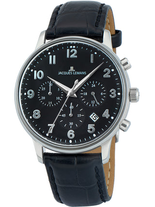 Angle shot of Jacques Lemans Chronograph N-209ZI Black Leather Unisex Watch on white background