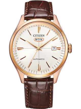 Front view of Citizen NH8393-05AE Silver Dial Brown Leather Unisex Watch on white background