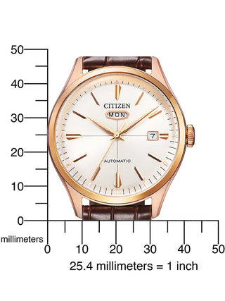 Angle shot of Citizen NH8393-05AE Silver Dial Brown Leather Unisex Watch on white background