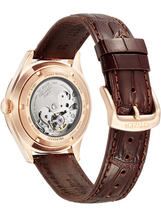 Angle shot of Citizen NH8393-05AE Silver Dial Brown Leather Unisex Watch on white background