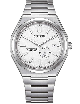 Front view of Citizen NJ0180-80A White Dial Silver Titanium Unisex Watch on white background