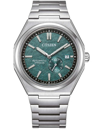 Front view of Citizen NJ0180-80X Green Dial Silver Titanium Unisex Watch on white background