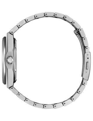 Angle shot of Citizen NJ0180-80X Green Dial Silver Titanium Unisex Watch on white background