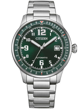 Front view of Citizen NJ0190-51X Green Dial Silver Stainless Steel Unisex Watch on white background