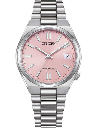 Front view of Citizen NJ0200-50Z Pink Dial Silver Stainless Steel Womens Watch on white background