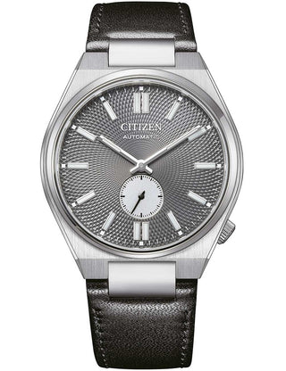 Front view of Citizen NK5010-01H Grey Dial Black Leather Unisex Watch on white background