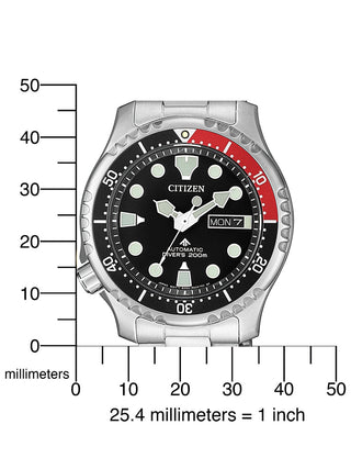 Angle shot of Citizen Automatic Divers Promaster NY0085-86EE Black Dial Grey Stainless Steel Mens Watch on white background