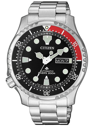 Front view of Citizen Automatic Divers Promaster NY0085-86EE Black Dial Grey Stainless Steel Mens Watch on white background
