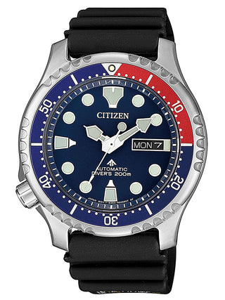 Front view of Citizen Automatic Divers Promaster NY0086-16LE Blue Dial Black Rubber Mens Watch on white background