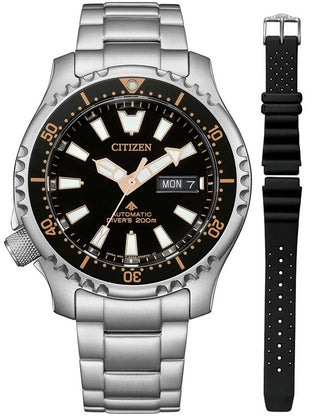 Front view of Citizen NY0160-66EE Black Dial Silver Stainless Steel Unisex Watch on white background