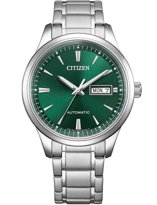 Front view of Citizen NY4058-79XE Green Dial Silver Stainless Steel Unisex Watch on white background