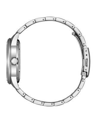 Angle shot of Citizen NY4058-79XE Green Dial Silver Stainless Steel Unisex Watch on white background