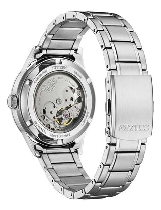 Angle shot of Citizen NY4058-79XE Green Dial Silver Stainless Steel Unisex Watch on white background