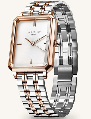 Angle shot of Rosefield OWRSR-O64 White Dial Rose Gold Stainless Steel Womens Watch on white background