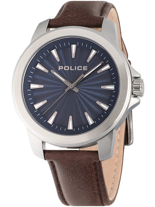 Front view of Police or PEWJA2207803 Blue Dial Brown Leather Unisex Watch on white background