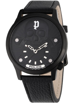 Front view of Police PEWJA2227701 Black Leather Unisex Watch on white background