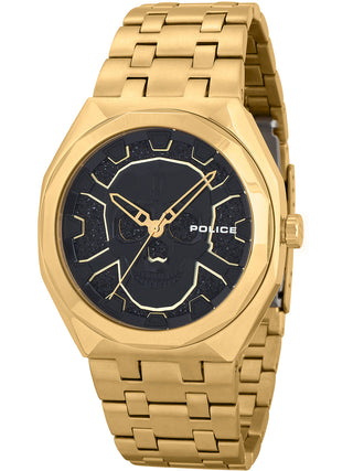 Front view of Police PEWJG2110703 Black Dial Gold Stainless Steel Unisex Watch on white background