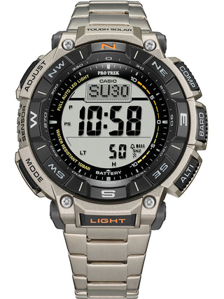 Angle shot of Casio Pro-Trek PRG-340T-7ER Black Dial Grey Titanium Mens Watch on white background