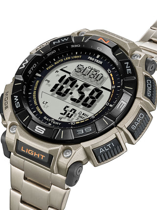 Angle shot of Casio Pro-Trek PRG-340T-7ER Black Dial Grey Titanium Mens Watch on white background