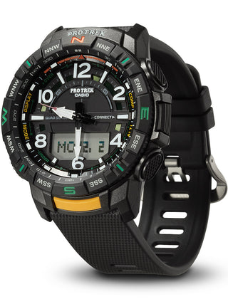 Angle shot of Casio Pro-Trek PRT-B50-1ER Grey Dial Black Resin Mens Watch on white background