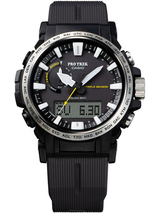 Angle shot of Casio Pro-Trek PRW-61-1AER Black Resin Mens Watch on white background