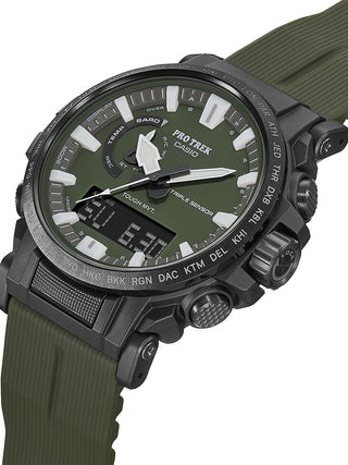 Angle shot of Casio Pro-Trek PRW-61Y-3ER Green Resin Mens Watch on white background