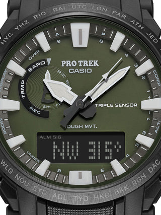 Angle shot of Casio Pro-Trek PRW-61Y-3ER Green Resin Mens Watch on white background