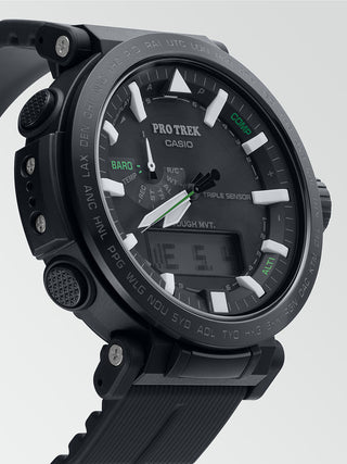 Angle shot of Casio Pro-Trek PRW-6621Y-1ER Black Resin Mens Watch on white background