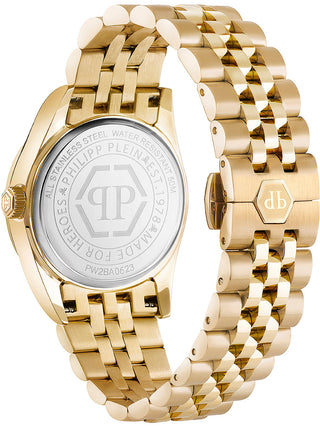 Angle shot of Philipp Plein PW2BA0623 Black Dial Gold Stainless Steel Womens Watch on white background