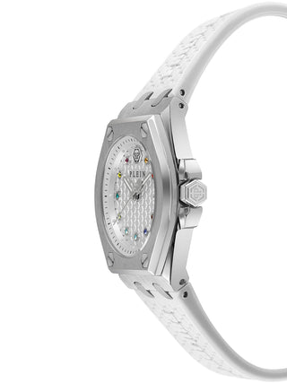 Angle shot of Philipp Plein PWJAA0122 Silver Dial White Silicone Womens Watch on white background