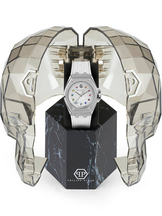 Angle shot of Philipp Plein PWJAA0122 Silver Dial White Silicone Womens Watch on white background