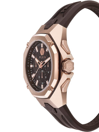 Angle shot of Philipp Plein Chronograph PWTBA0223 Brown Silicone Unisex Watch on white background