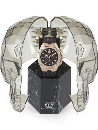 Angle shot of Philipp Plein Chronograph PWTBA0223 Brown Silicone Unisex Watch on white background