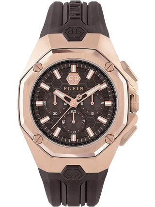 Front view of Philipp Plein Chronograph PWTBA0223 Brown Silicone Unisex Watch on white background