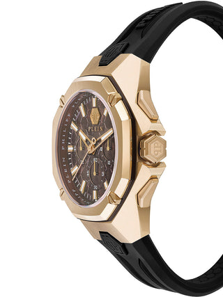 Angle shot of Philipp Plein Chronograph PWTBA0423 Brown Dial Black Silicone Unisex Watch on white background