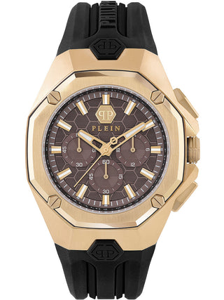 Front view of Philipp Plein Chronograph PWTBA0423 Brown Dial Black Silicone Unisex Watch on white background