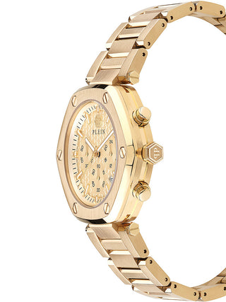 Angle shot of Philipp Plein Chronograph PWZBA0523 Gold Stainless Steel Unisex Watch on white background