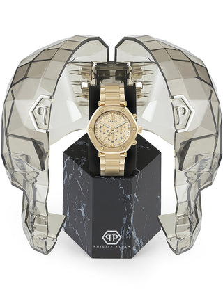 Angle shot of Philipp Plein Chronograph PWZBA0523 Gold Stainless Steel Unisex Watch on white background