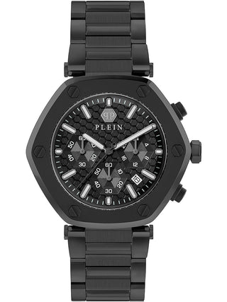 Front view of Philipp Plein Chronograph PWZBA0623 Black Stainless Steel Unisex Watch on white background