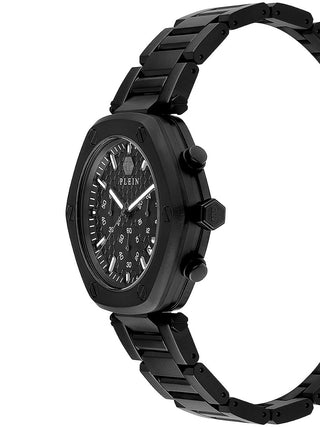 Angle shot of Philipp Plein Chronograph PWZBA0623 Black Stainless Steel Unisex Watch on white background