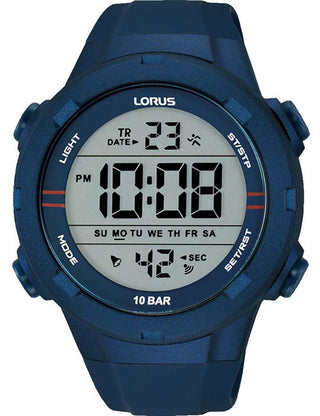 Front view of Lorus Chronograph R2303QX9 Grey Dial Blue Silicone Unisex Watch on white background