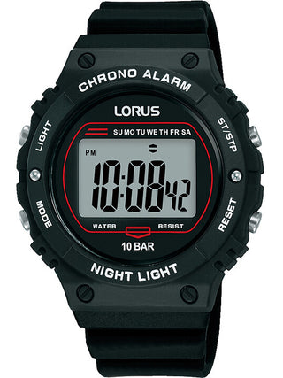 Front view of Lorus R2313PX9 Grey Dial Black Silicone Unisex Watch on white background