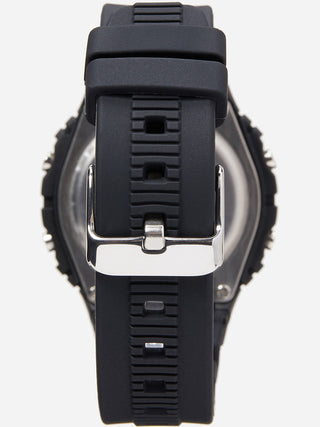 Angle shot of Lorus R2313PX9 Grey Dial Black Silicone Unisex Watch on white background