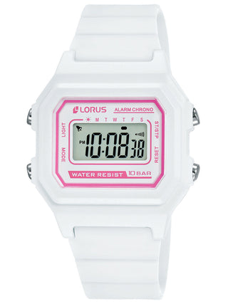 Front view of Lorus Chronograph R2321NX9 Grey Dial White Silicone Womens Watch on white background